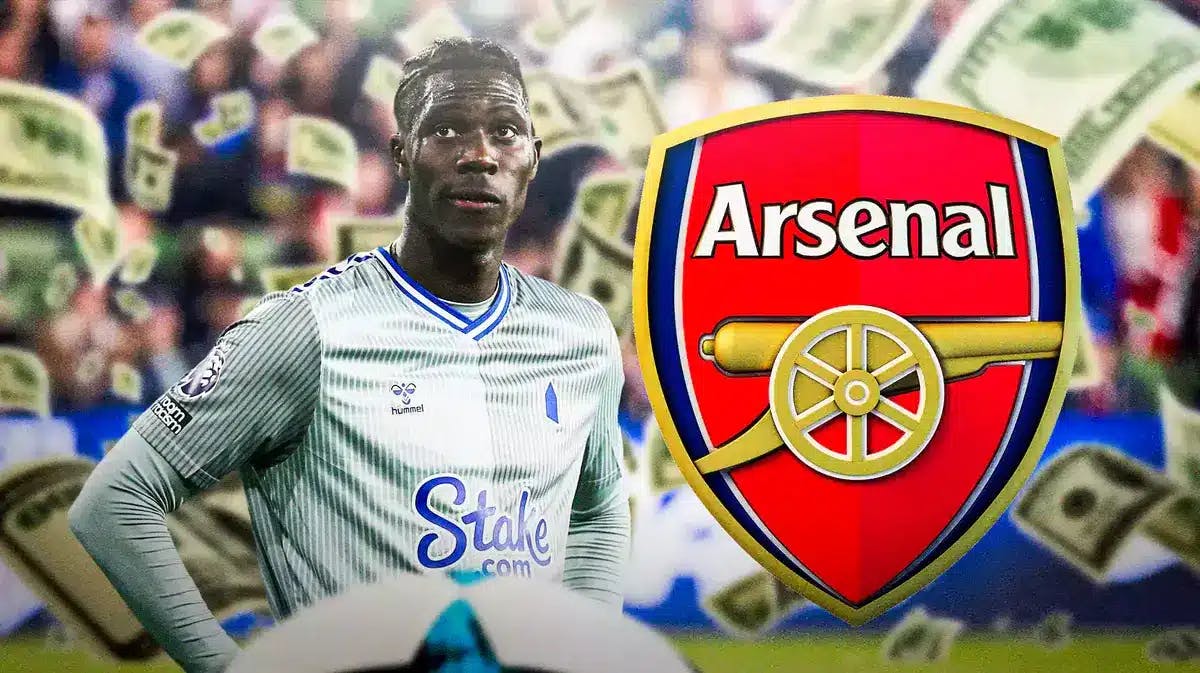 Amadou Onana in front of the Arsenal logo, money falling from the air around him