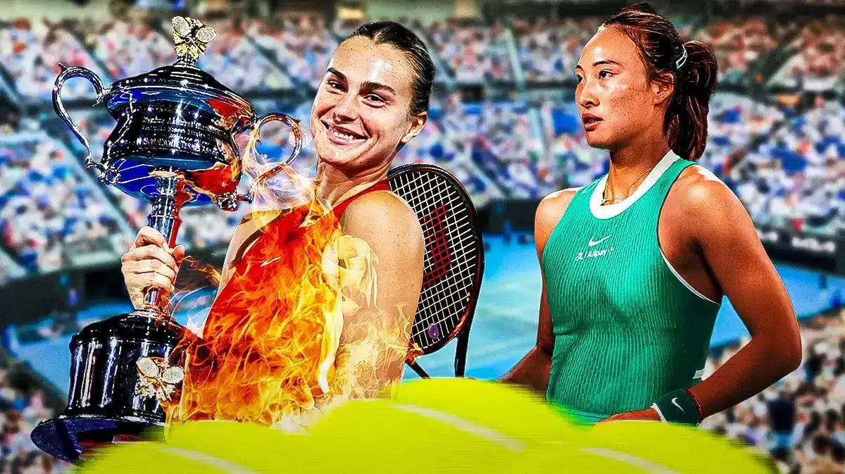 Aryna Sabalenka in middle of image looking happy with fire around her, Zheng Qinwen and the Australian Open women’s singles trophy on either side, Australian Open tennis court in background