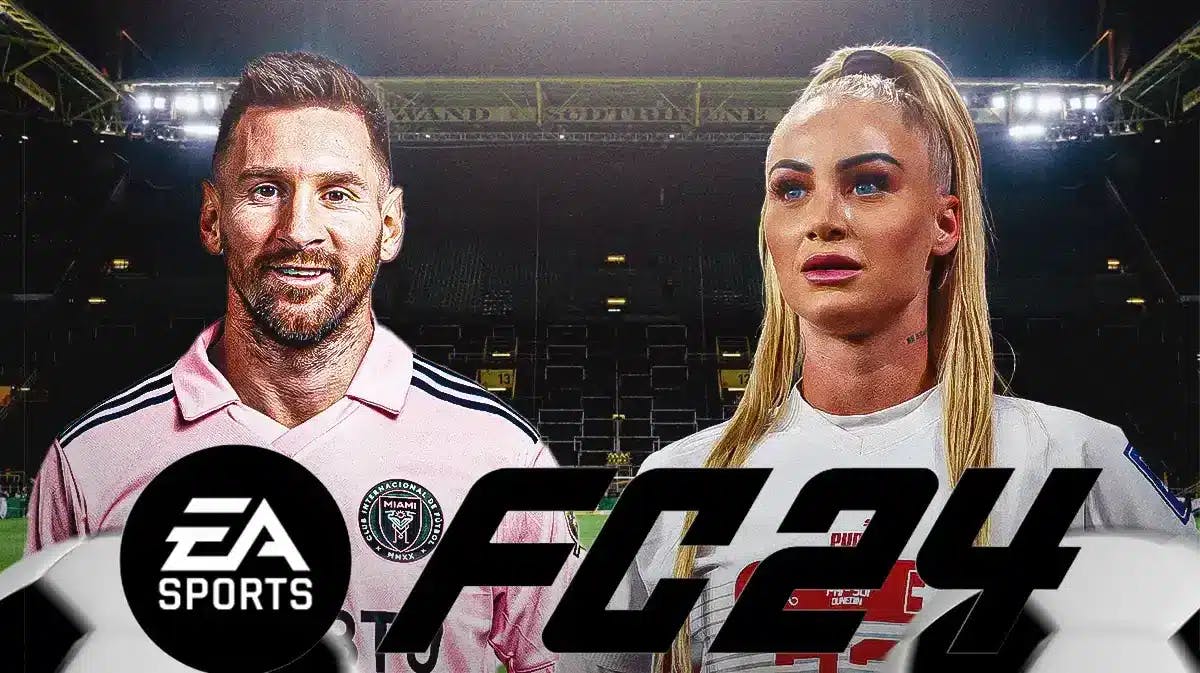 Alisha Lehmann and Lionel Messi in front of the FC24 logo