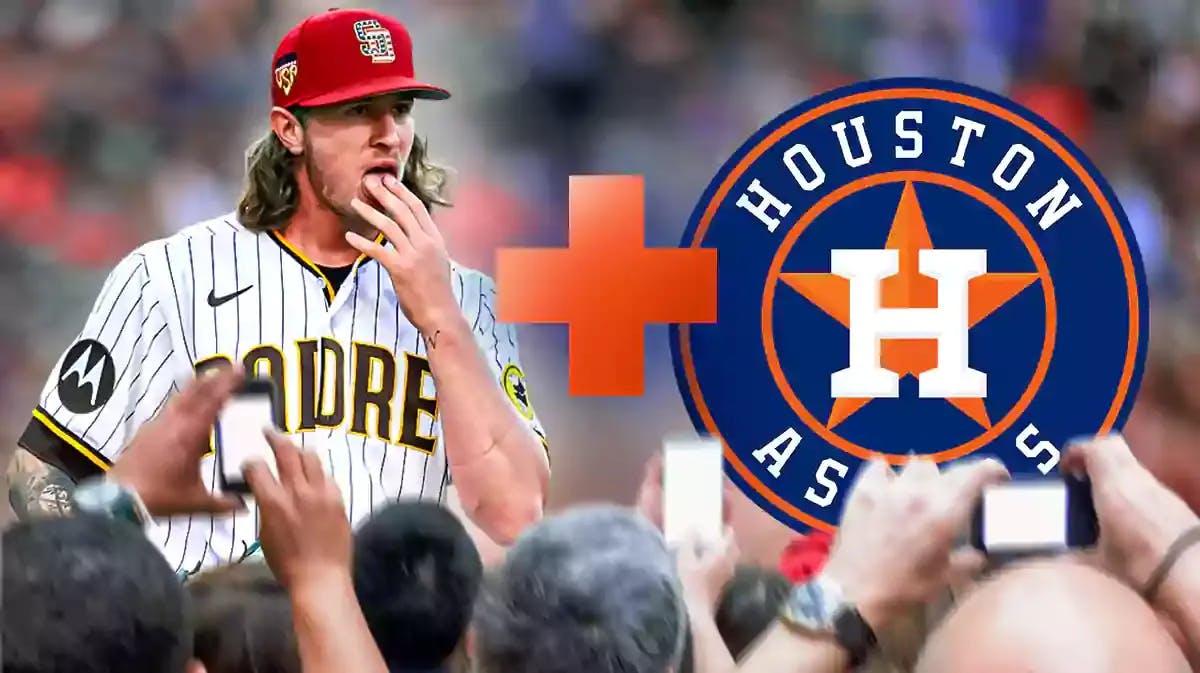 On the left of image, Josh Hader (in San Diego Padres uniform is fine), then a big plus sign, then on right side of image a Houston Astros logo, to signify the Astros might be adding Hader to their roster.