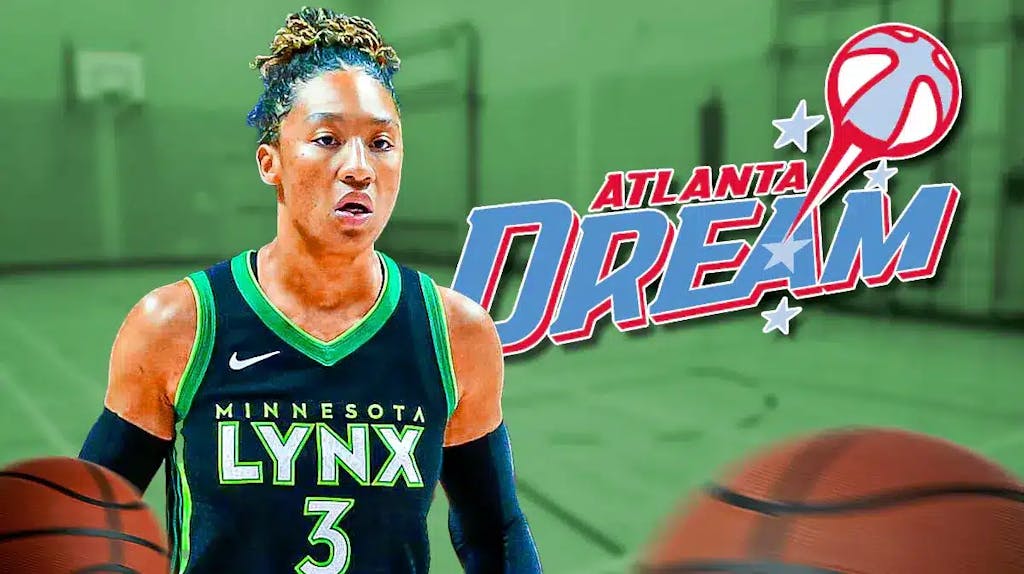 Minnesota Lynx player Aerial Powers in front of the Atlanta Dream logo with basketballs