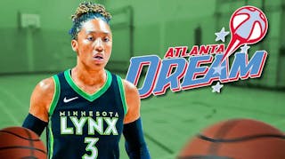 Minnesota Lynx player Aerial Powers in front of the Atlanta Dream logo with basketballs