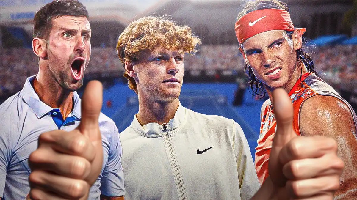 Novak Djokovic, Jannik Sinner, Rafael Nadal. Nadal and Djokovic give thumbs up.