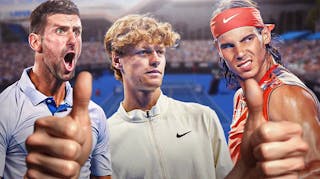 Novak Djokovic, Jannik Sinner, Rafael Nadal. Nadal and Djokovic give thumbs up.