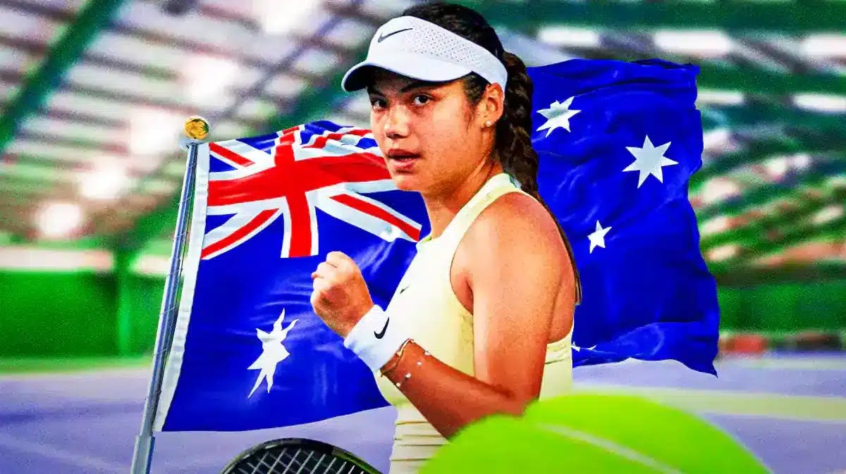 Women’s tennis player Emma Raducanu, looking happy/excited, on a tennis court in her tennis gear, with Australian flag behind her