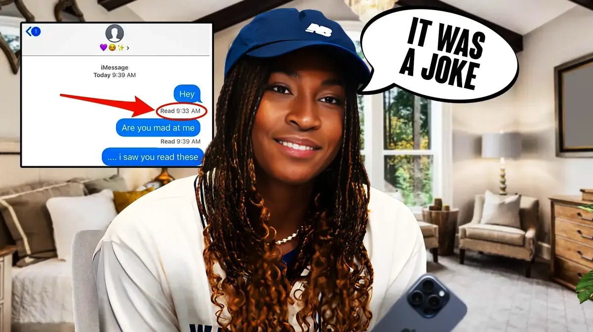 Tennis player Coco Gauff with a text bubble saying “It was a joke”. Behind Gauff, a “read receipt” since the USTA social media account ignored a message from Gauff about her joke