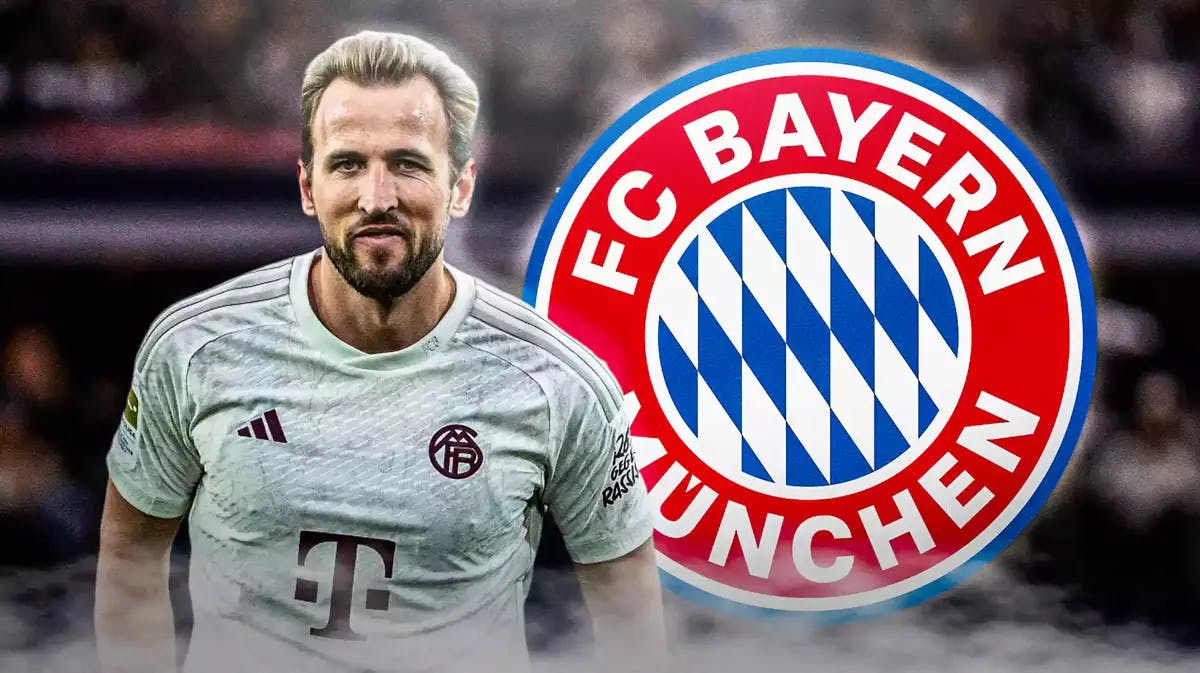 Harry Kane in front of the Bayern Munich logo