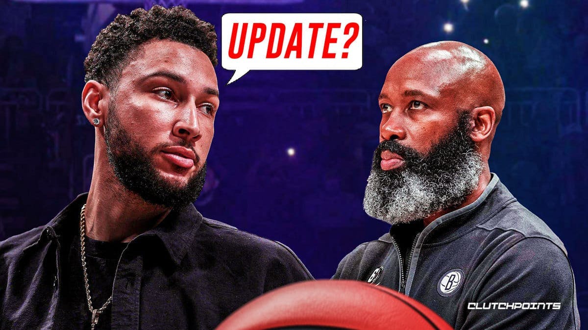 Nets' Ben Simmons with speech balloon that says: Update? Jacque Vaughn looking serious