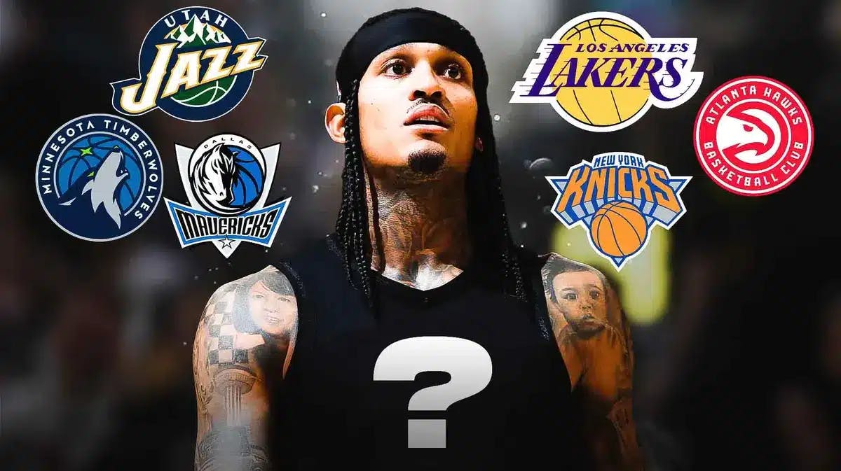 Jordan Clarkson with blank jersey and question mark in the middle of the jersey. Logos of Knicks, Timberwolves, Jazz, Lakers, Hawks and Mavericks in the background