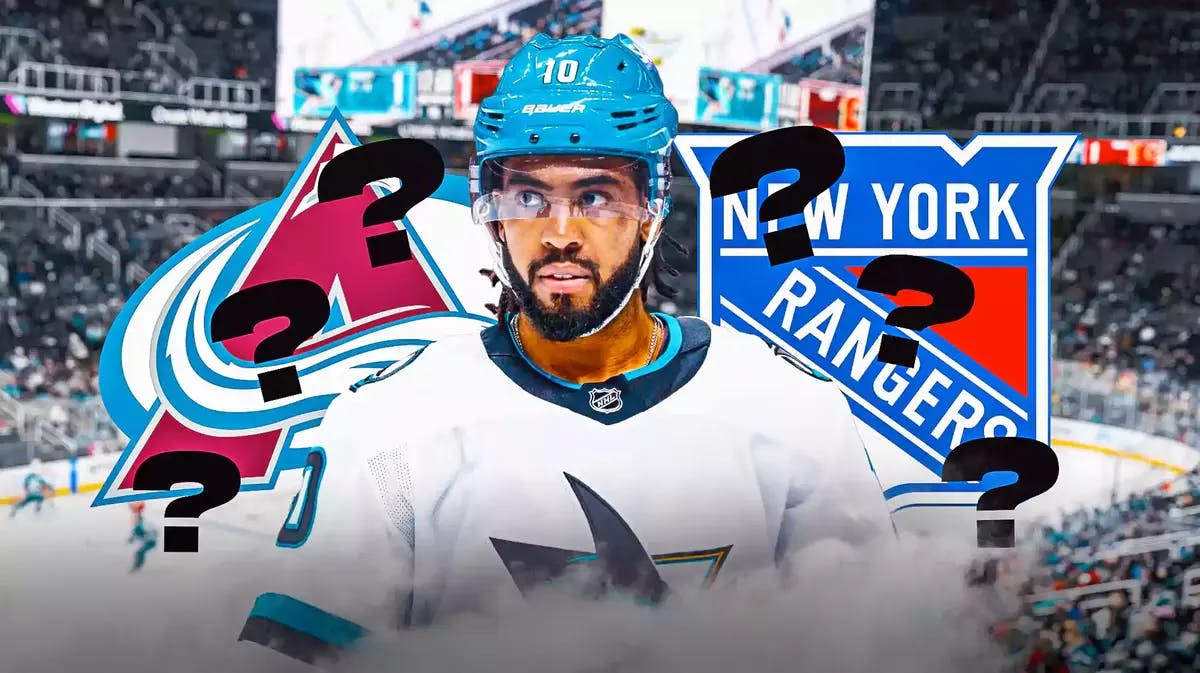 Anthony Duclair. New York Rangers, Colorado Avalanche logos, question marks around him