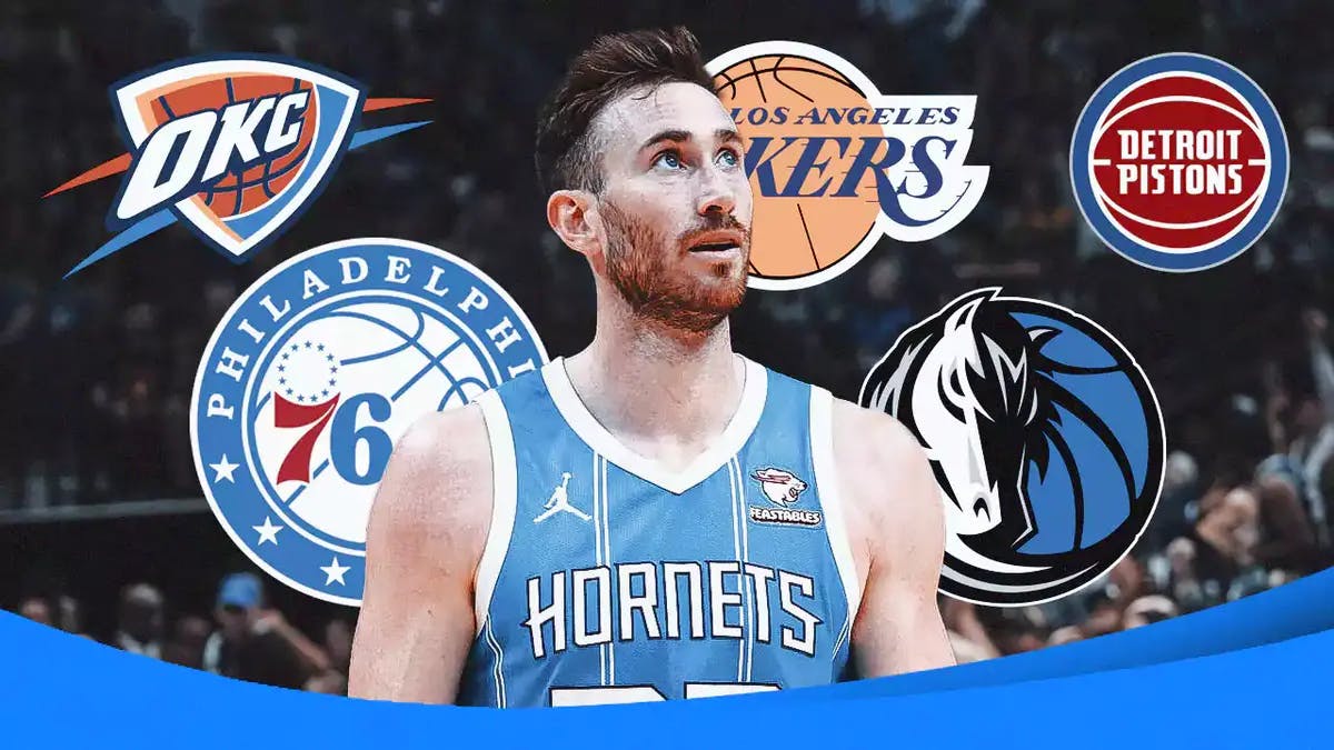 Hornets' Gordon Hayward with question marks above his head. Mavericks, Lakers, Thunder, 76ers and Pistons logos in the background