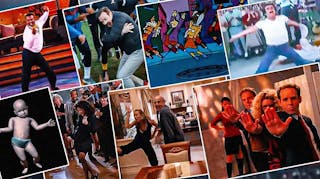 A collage of TV characters performing their signature dance moves: Ted Lasso dance, Carlton dance, Elaine dance... Gob’s chicken dance on arrested development, Bart Simpson’s Bartman dance… Ally McBeal baby dance, Barry White dance, the fonz dance, Adam West batman dance, Urkel dance