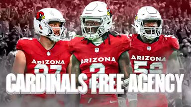 Arizona Cardinals' Hollywood Brown in middle of image, with Cardinals' Geoff Swaim on left of image and Cardinals' Krys Barnes on right of image. Please add text graphic “Cardinals Free Agency” on bottom of image.
