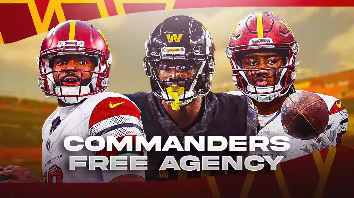 Washington Commanders' Kamren Curl in middle of image, with Commanders' Jacoby Brissett on left of image and Commanders' Curtis Samuel on right of image. Please add text graphic “Commanders Free Agency” on bottom of image.