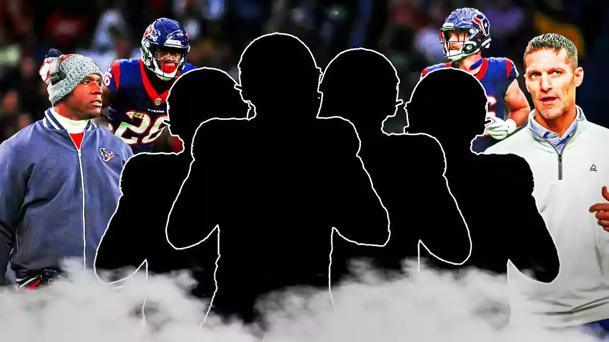 Four mystery players in the middle, Coach DeMeco Ryans, GM Nick Caserio, Dalton Schultz, Devin Singletary around them, and Houston Texans wallpaper in the background.