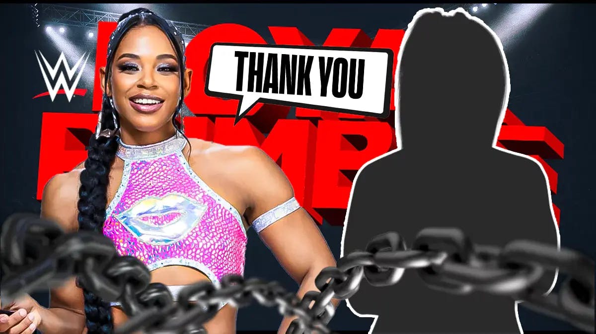 Bianca Belair with a text bubble reading “Thank you” next to the blacked-out silhouette of Bayley with the 2024 Royal Rumble as the background.