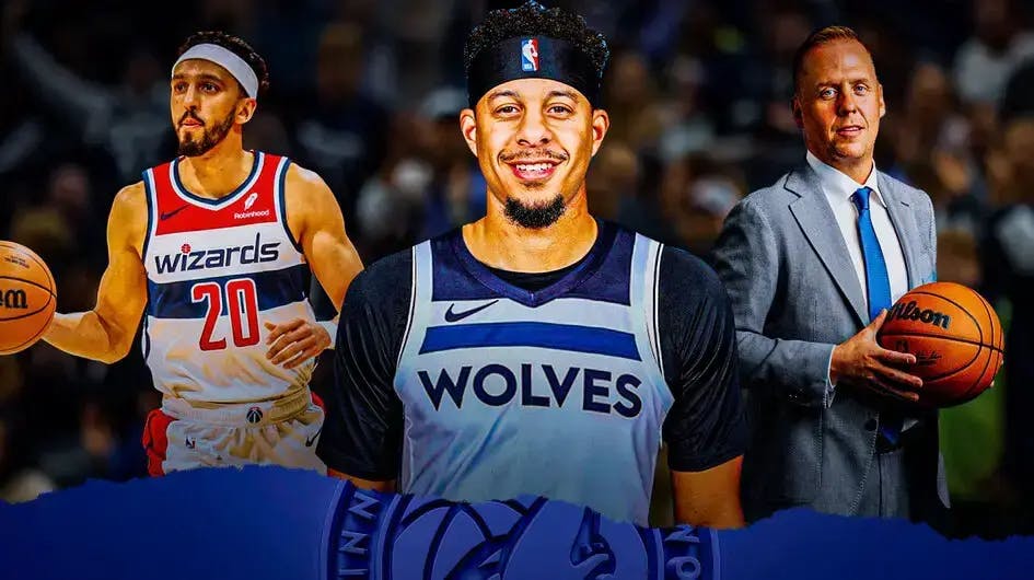 Wizards Landry Shamet next to Seth Curry in a Timberwolves jersey and Timberwolves GM Tim Connelly
