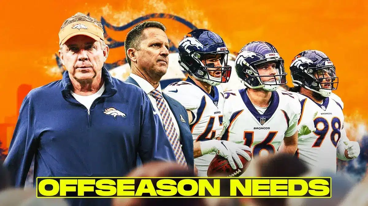 Coach Sean Payton, GM George Paton, Josey Jewell, Wil Lutz, Mike Purcell all beside each other, and Denver Broncos wallpaper in the background.