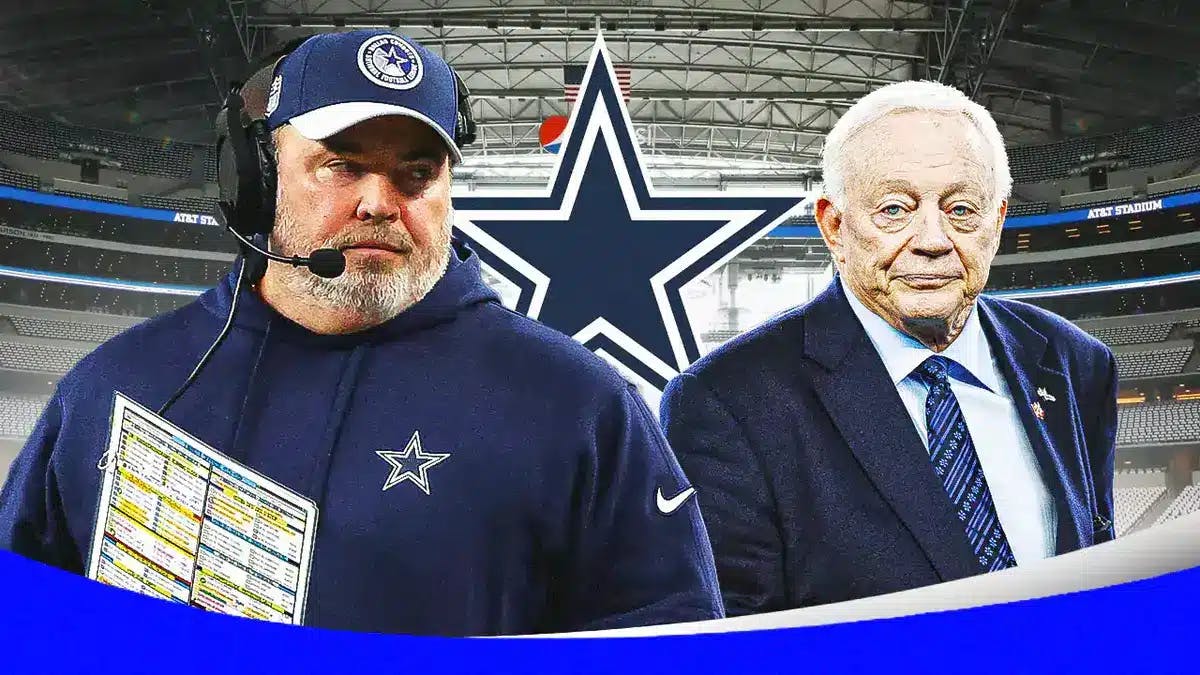 Cowboys Mike McCarthy and Jerry Jones in front of a Cowboys logo at AT&T Stadium
