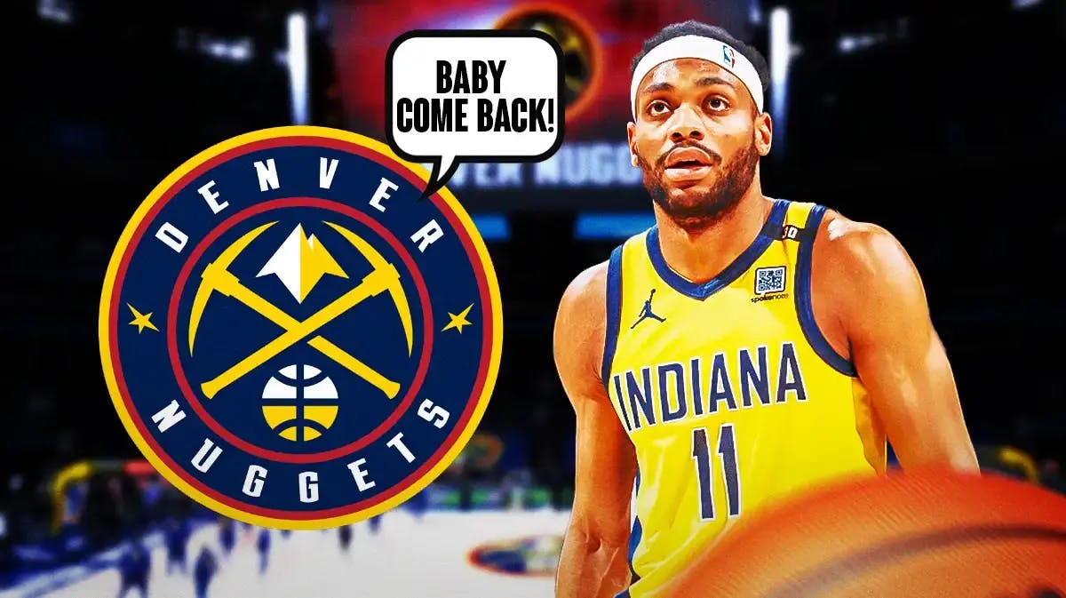 The Nuggets logo with a speech bubble saying “baby come back!” towards Bruce Brown in a Pacers jersey.