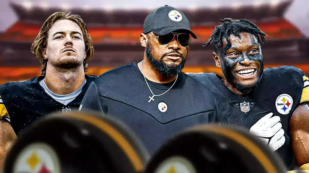 Pittsburgh Steelers head coach Mike Tomlin in middle of image, with QB Kenny Pickett on left and WR George Pickens on right.