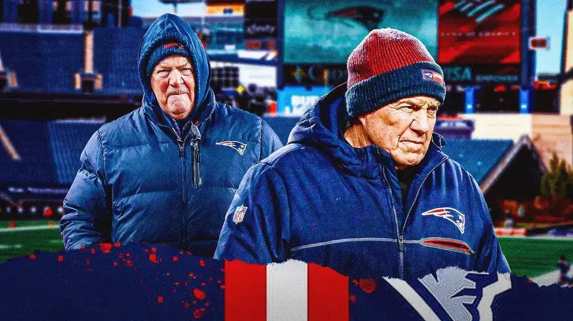Bill Belichick with Patriots logo looking surprised
