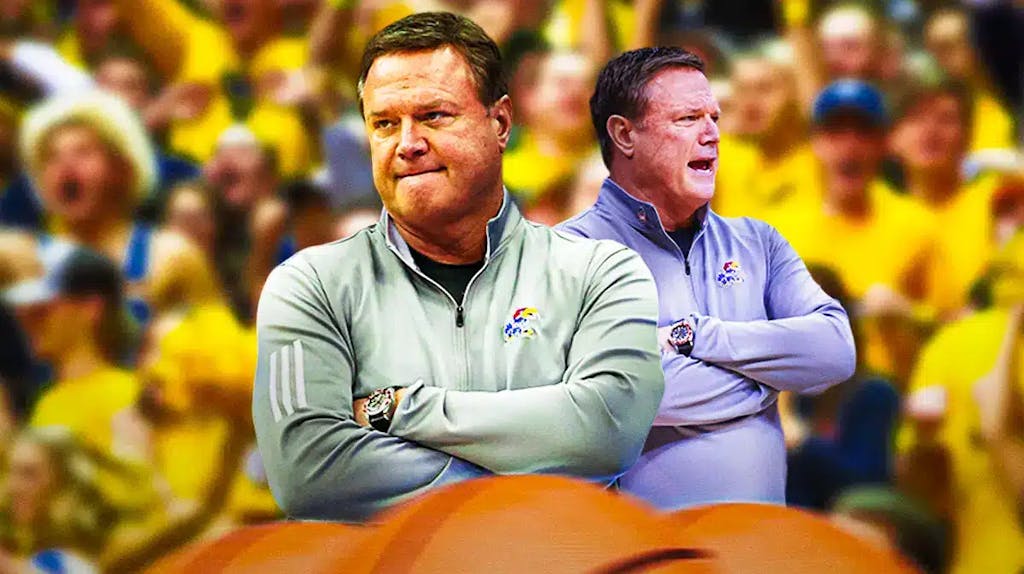 Kansas coach Bill Self looking upset with West Virginia fans in the background celebrating.