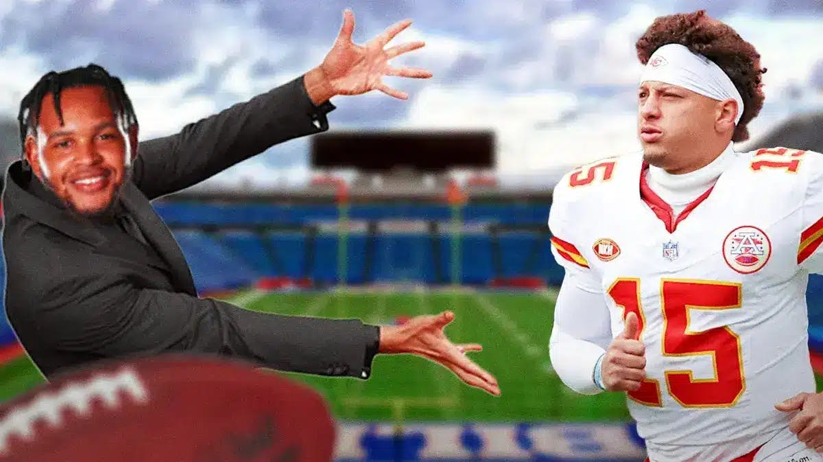 Bills' Dion Dawkins in the Will Smith pointing meme while pointing at Highmark Stadium, with Chiefs' Patrick Mahomes looking serious