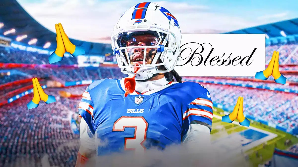 Buffalo Bills safety Damar Hamlin with Prayer emojis and a slogan that says "Blessed"