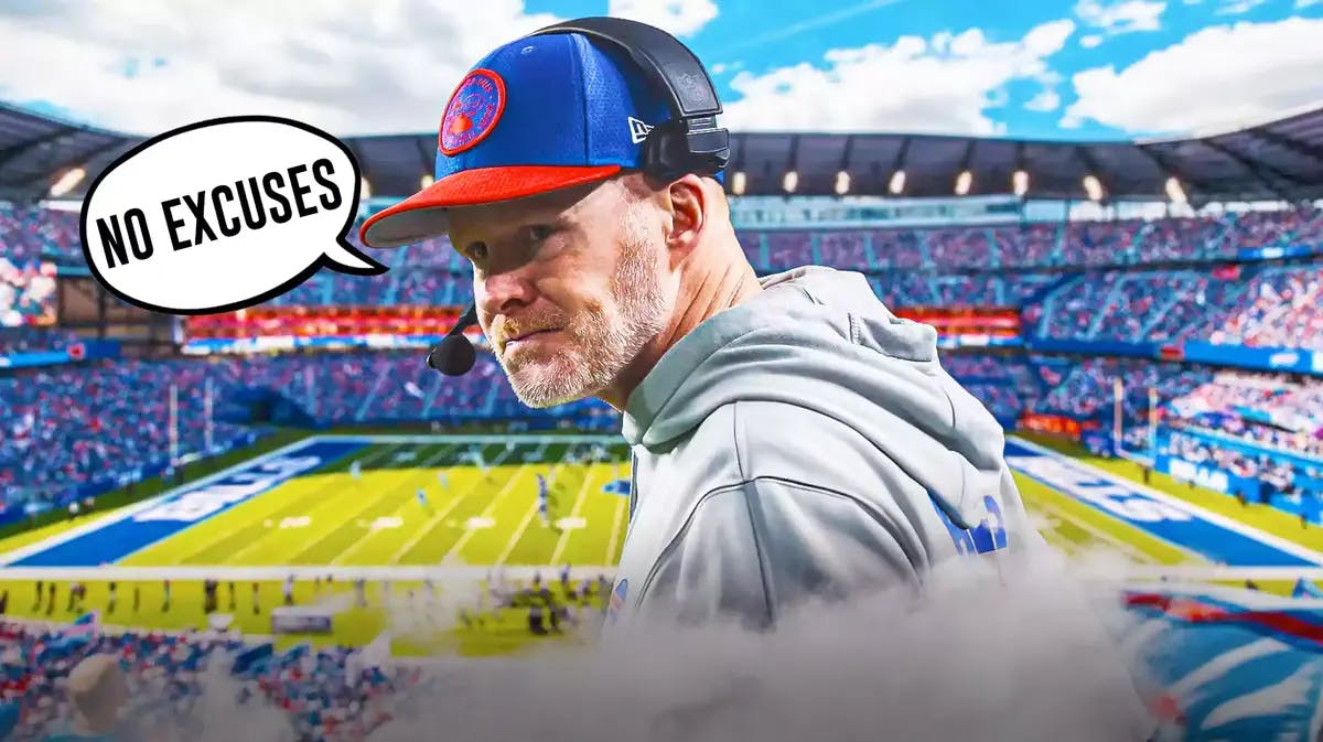 Buffalo Bills' Sean McDermott looking sad and speech bubble “No Excuses”