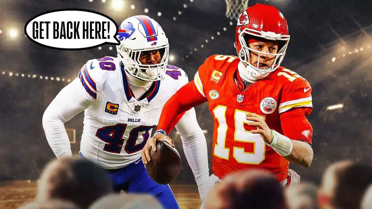 Buffalo Bills' Von Miller chasing after Kansas City Chiefs' Patrick Mahomes and a speech bubble from Miller saying “Get Back Here!” and please make the background of the image a basketball court since Miller mentions basketball in his quote.