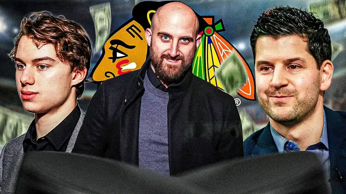 Nick Foligno in middle of image looking happy with fire around him and money in image, Connor Bedard on one side and Kyle Davidson on other side both looking happy, CHI Blackhawks logo, hockey rink in background