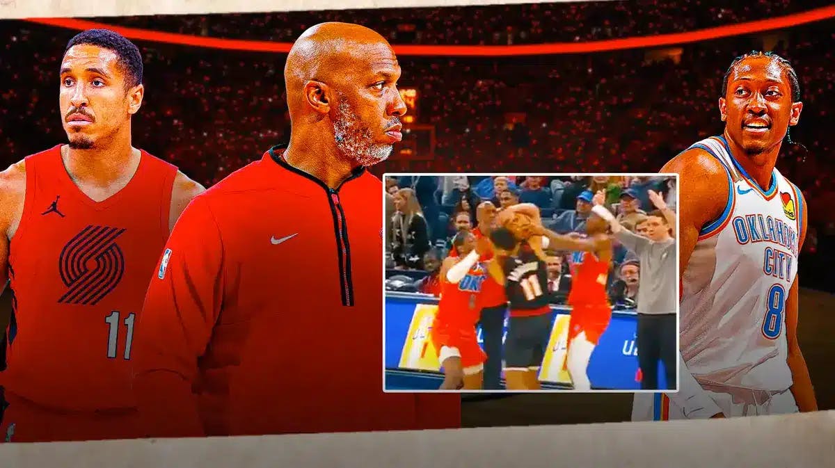 Blazers' Chauncey Billups and Malcolm Brogdon angry on the left, with screenshot of the video in the middle, with Thunder’s Jalen Williams smiling on the right