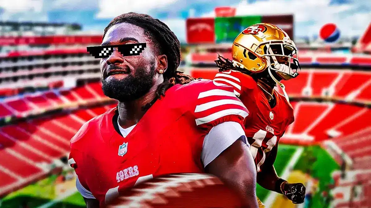 Action shot of 49ers wide receiver Brandon Aiyuk with deal with it shades