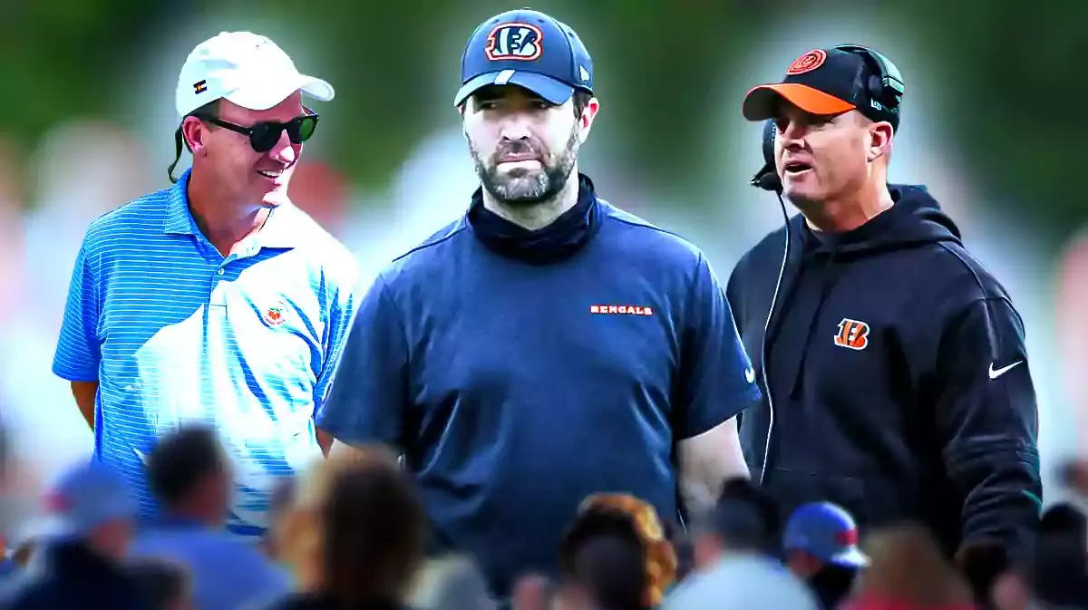 Tennessee Titans head coach Brian Callahan, Cincinnati Bengals head coach Zac Taylor, and Peyton Manning.