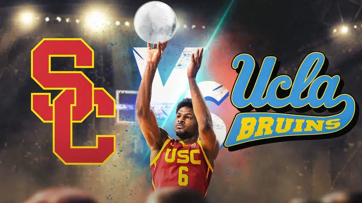 Bronny James shooting a ball of ice. USC basketball vs. UCLA logo in the background