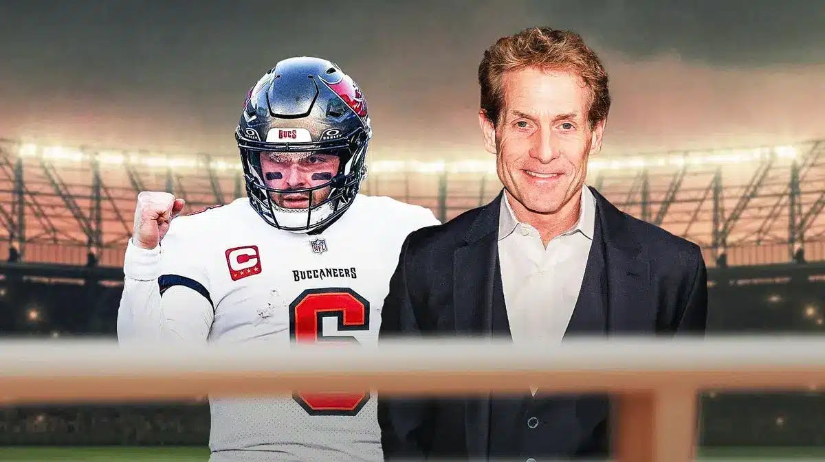 Skip Bayless with a hyped up Buccaneers' Baker Mayfield beside him