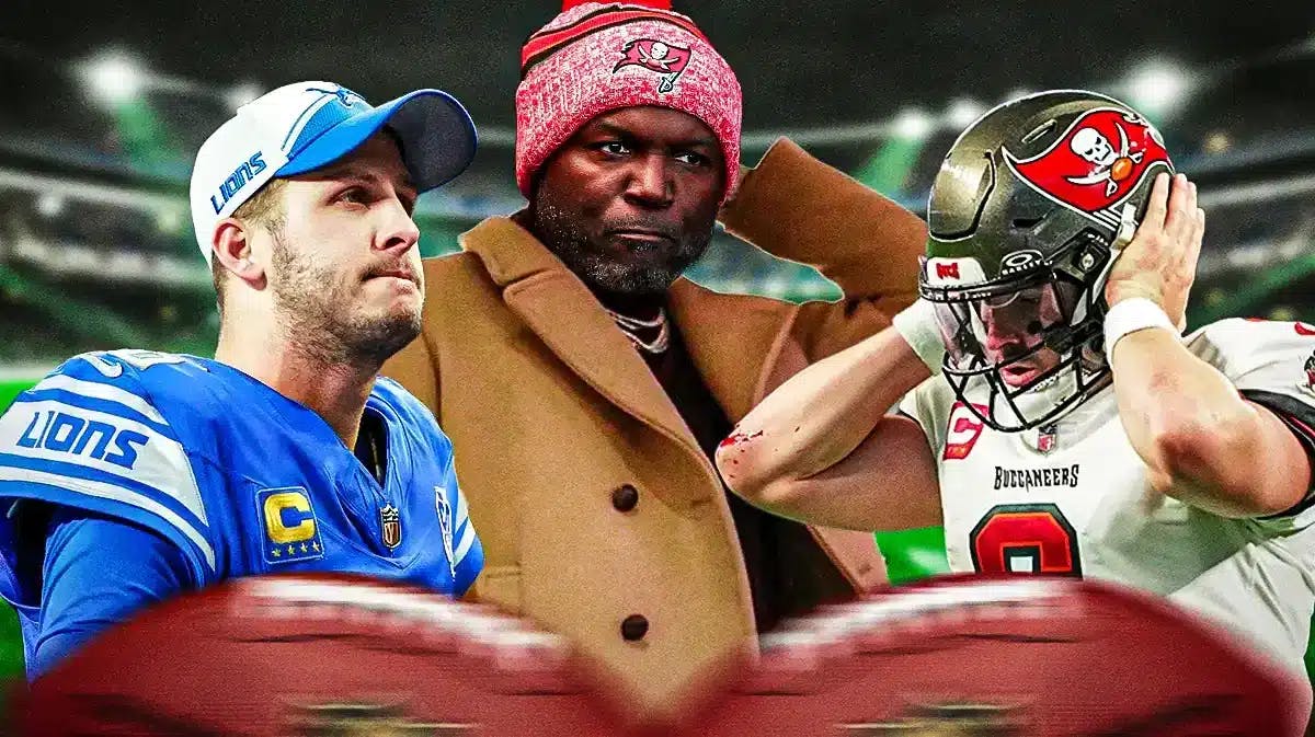 Buccaneers' Todd Bowles in the scratching head meme, with cutouts of Jared Goff and Baker Mayfield to his sides