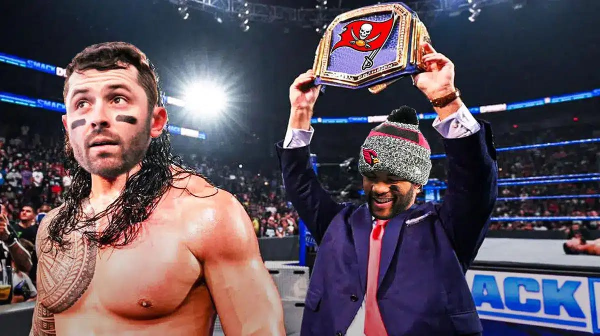 Kyler Murray (Cardinals) as Paul Heyman (dude in the back) and Baker Mayfield (Buccaneers) asa Roman Reigns (the one in front)