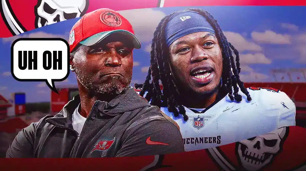 Tampa Bay Buccaneers' Kaevon Merriweather and coahc Todd Bowles and speech bubble “Uh Oh”