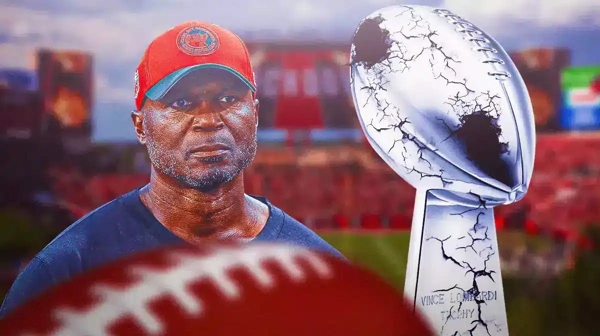 Todd Bowles (Buccaneers head coach) looking serious with a broken Vince Lombardi Trophy