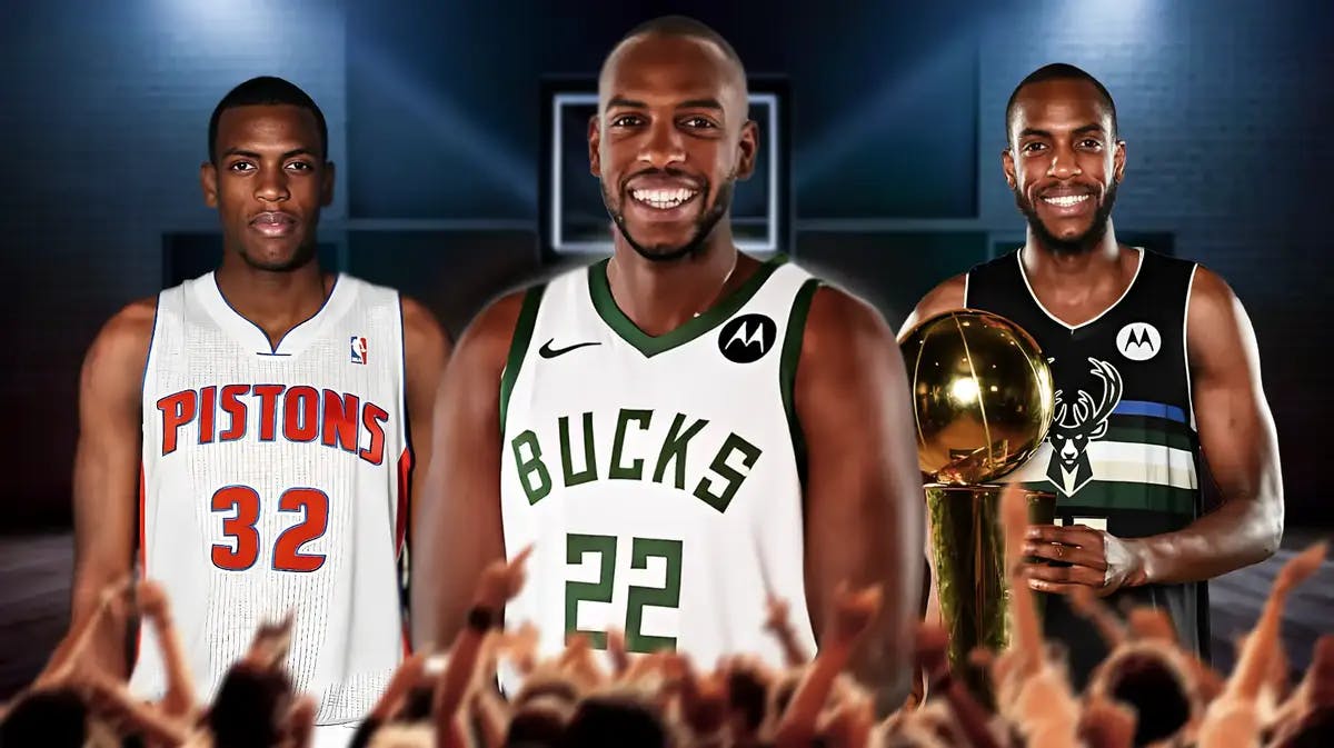 Bucks' Khris Middleton smiling in the middle, with a pic of him in a Pistons uni on the left (2012-13 version) and a pic of him holding the 2021 NBA championship on the right