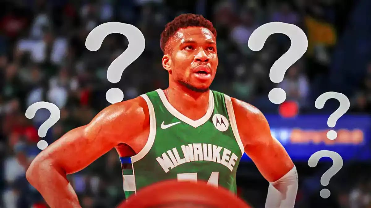 Giannis Antetokounmpo with question marks