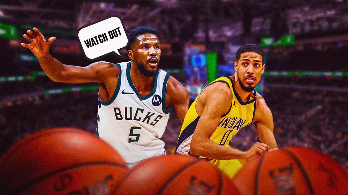 Malik Beasley saying: 'Watch out,' looking across at Tyrese Haliburton, also include the Bucks arena in the background