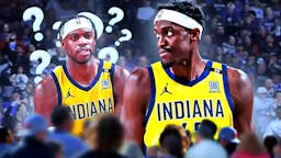 Pacers player Pascal Siakam and then Buddy Hield with question marks swirling around.