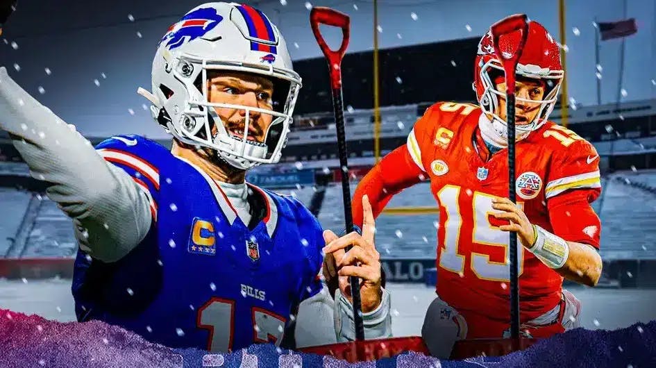 Bills' Josh Allen and Chiefs' Patrick Mahomes, photoshopped to be holding shovels