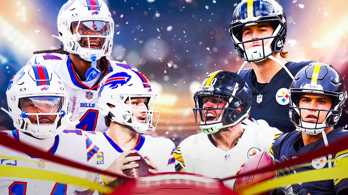 Bills players facing off against Steelers players in the snow.