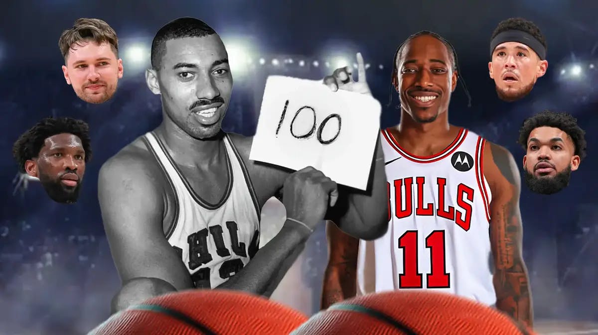 Wilt Chamberlain’s iconic 100 photo in the middle, with Bulls' DeMar DeRozan smiling beside Wilt, with cutouts of heads of the following floating around Wilt and DeMar (Mavericks' Luka Doncic, 76ers' Joel Embiid, Suns' Devin Booker, and Timberwolves' Karl-Anthony Towns)