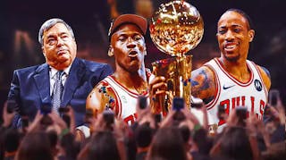 Bulls' DeMar DeRozan looking angry, with Jerry Krause and Michael Jordan holding the Larry O’Brien trophy (1990s) beside DeRozan