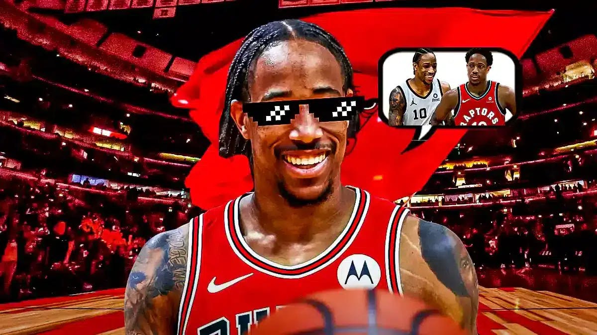 Bulls' DeMar DeRozan with the thug life shades, with two thought bubbles containing images of him in Raptors uniform and Spurs uniform